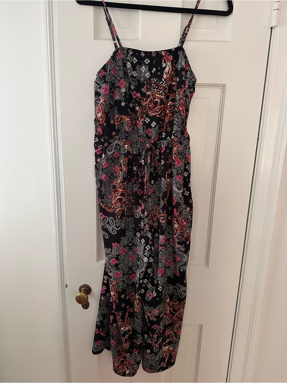 Floral Paisley Black Jumpsuit with Pink and Orange Accents